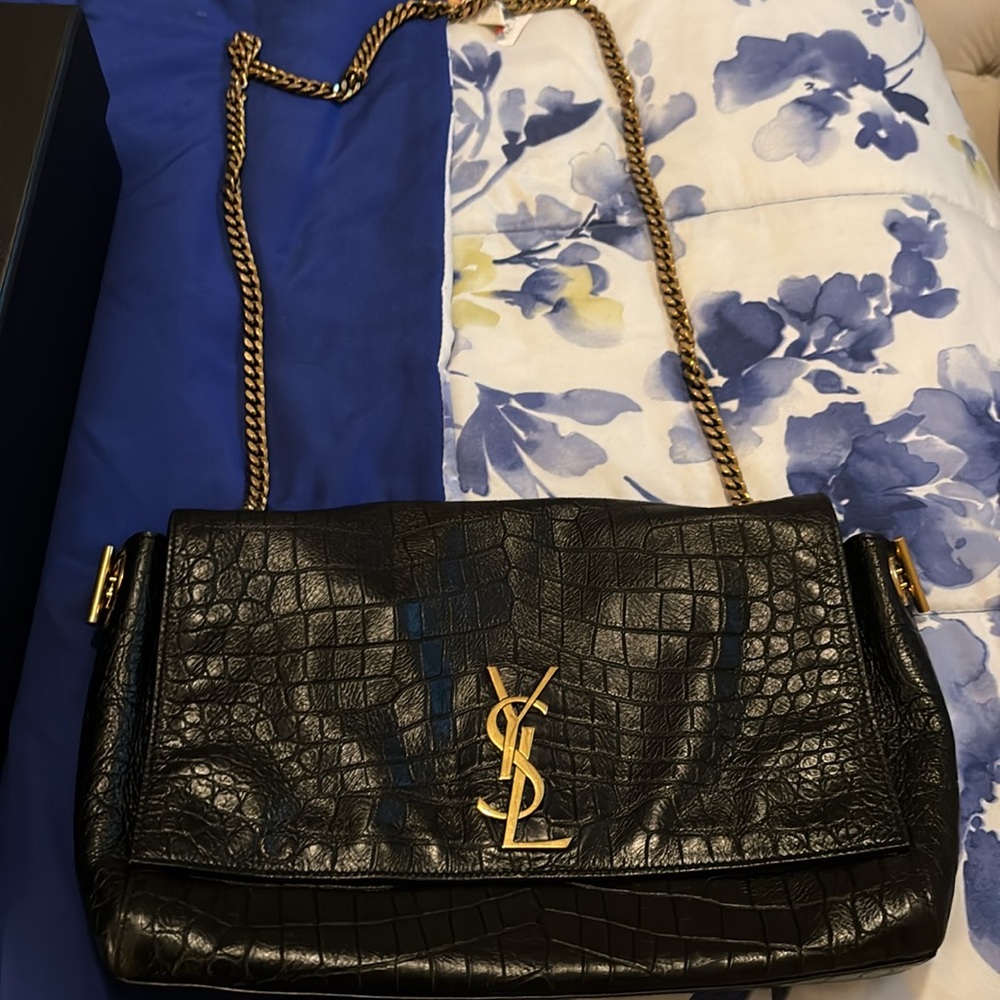 Yves Saint Laurent Black and Gold Croc-Embossed Shoulder Bag